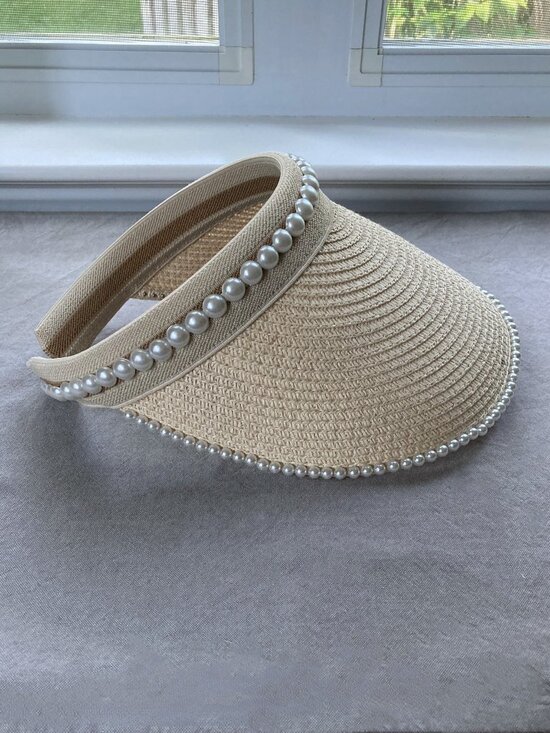 Renato Balestra, Italy, Paper Straw Visor, Faux Pearl Sun Hat, Resort Chic, Lux main image 4